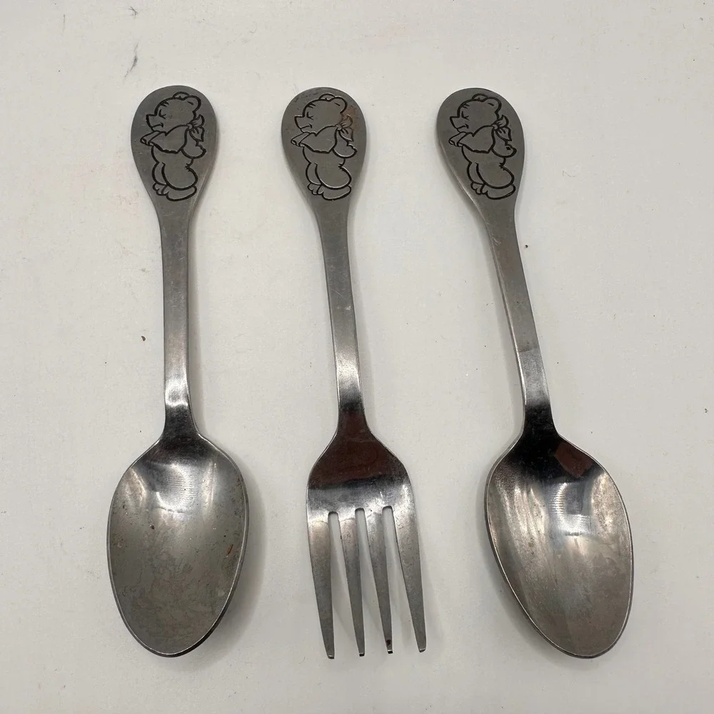 Vintage Tommee Tippee Korea Stainless Steel Baby Fork Spoon Teddy Bear 3 Piece
